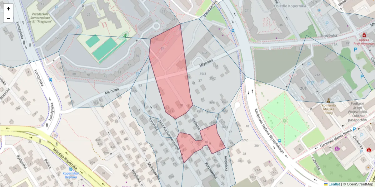 Szczegółowa mapa kodu pocztowego 15-387 z granicami, sąsiednimi kodami pocztowymi i urzędami pocztowymi