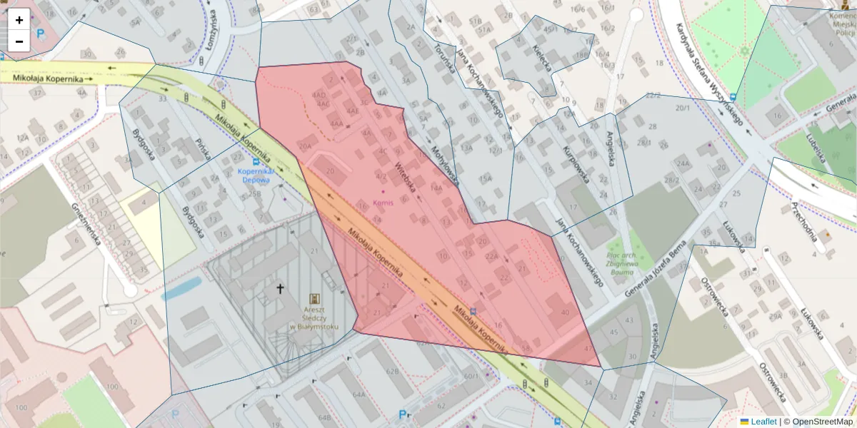 Szczegółowa mapa kodu pocztowego 15-388 z granicami, sąsiednimi kodami pocztowymi i urzędami pocztowymi