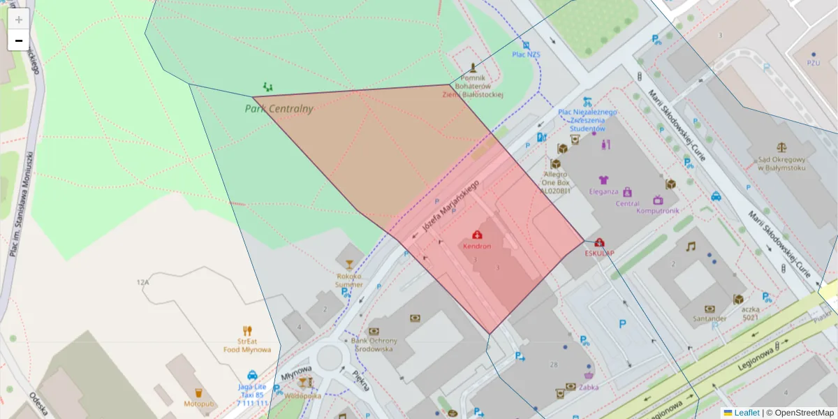 Szczegółowa mapa kodu pocztowego 15-402 z granicami, sąsiednimi kodami pocztowymi i urzędami pocztowymi