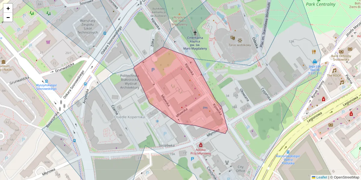 Szczegółowa mapa kodu pocztowego 15-410 z granicami, sąsiednimi kodami pocztowymi i urzędami pocztowymi