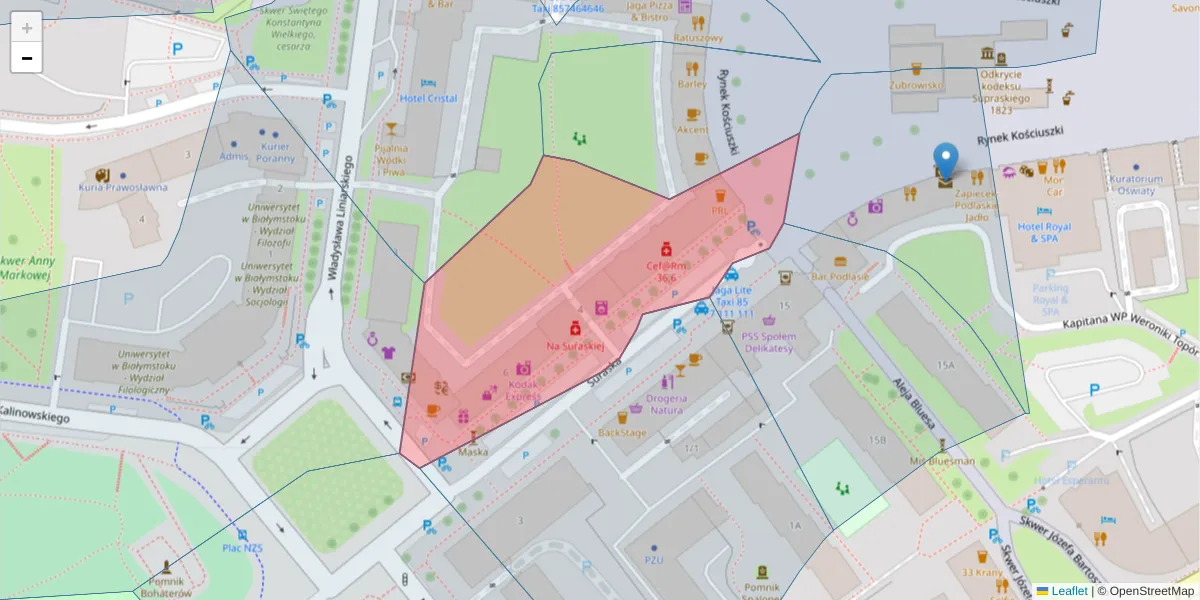 Szczegółowa mapa kodu pocztowego 15-422 z granicami, sąsiednimi kodami pocztowymi i urzędami pocztowymi