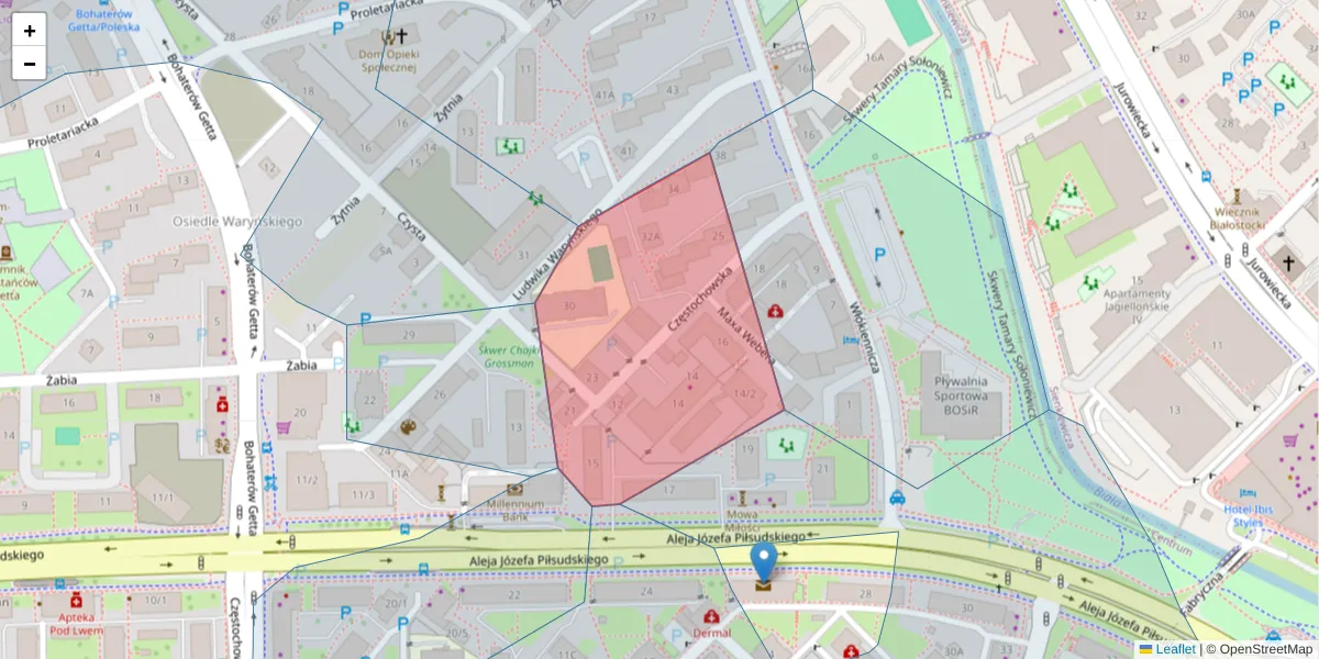 Szczegółowa mapa kodu pocztowego 15-459 z granicami, sąsiednimi kodami pocztowymi i urzędami pocztowymi