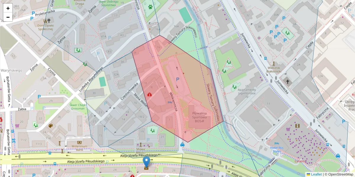 Szczegółowa mapa kodu pocztowego 15-464 z granicami, sąsiednimi kodami pocztowymi i urzędami pocztowymi