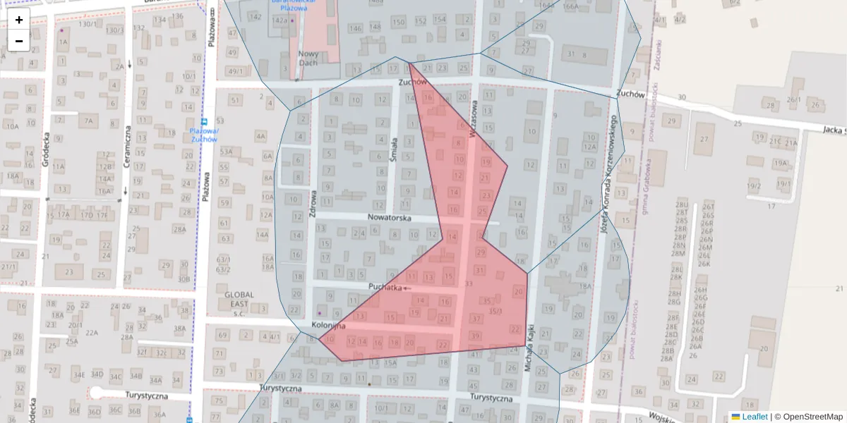 Szczegółowa mapa kodu pocztowego 15-505 z granicami, sąsiednimi kodami pocztowymi i urzędami pocztowymi