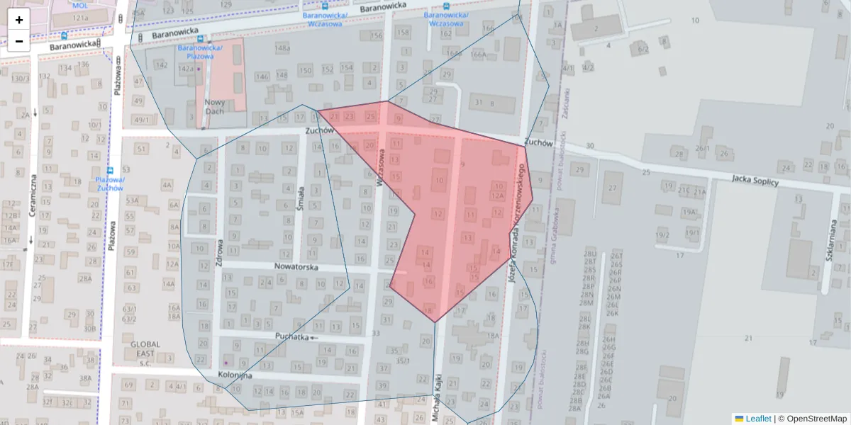 Szczegółowa mapa kodu pocztowego 15-507 z granicami, sąsiednimi kodami pocztowymi i urzędami pocztowymi