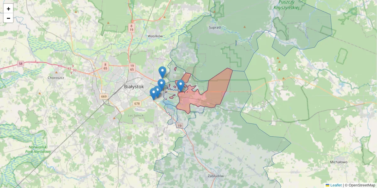 Szczegółowa mapa kodu pocztowego 15-509 z granicami, sąsiednimi kodami pocztowymi i urzędami pocztowymi