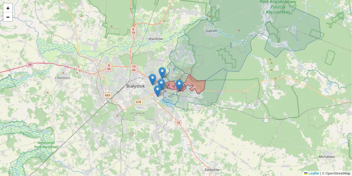 Szczegółowa mapa kodu pocztowego 15-523 z granicami, sąsiednimi kodami pocztowymi i urzędami pocztowymi