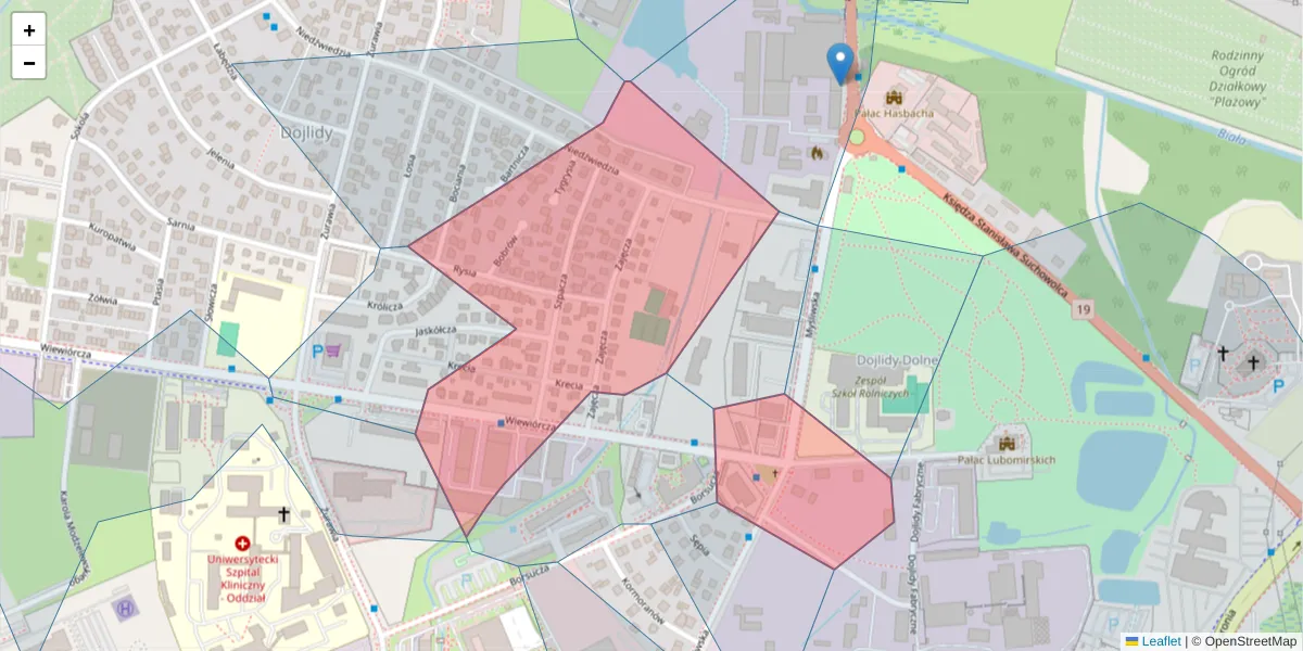Szczegółowa mapa kodu pocztowego 15-531 z granicami, sąsiednimi kodami pocztowymi i urzędami pocztowymi