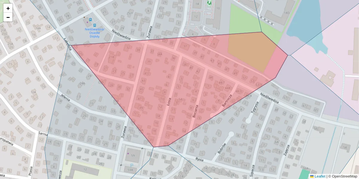 Szczegółowa mapa kodu pocztowego 15-533 z granicami, sąsiednimi kodami pocztowymi i urzędami pocztowymi