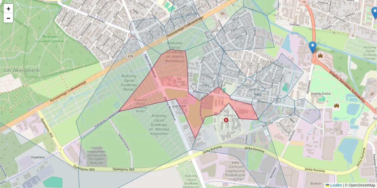 Szczegółowa mapa kodu pocztowego 15-535 z granicami, sąsiednimi kodami pocztowymi i urzędami pocztowymi