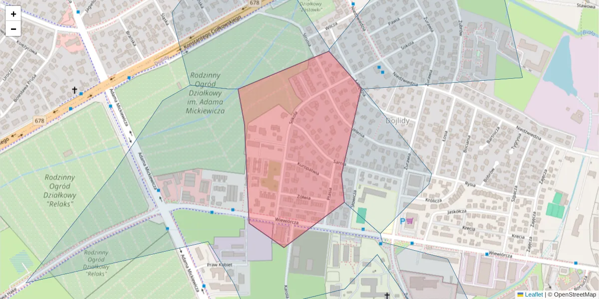 Szczegółowa mapa kodu pocztowego 15-537 z granicami, sąsiednimi kodami pocztowymi i urzędami pocztowymi