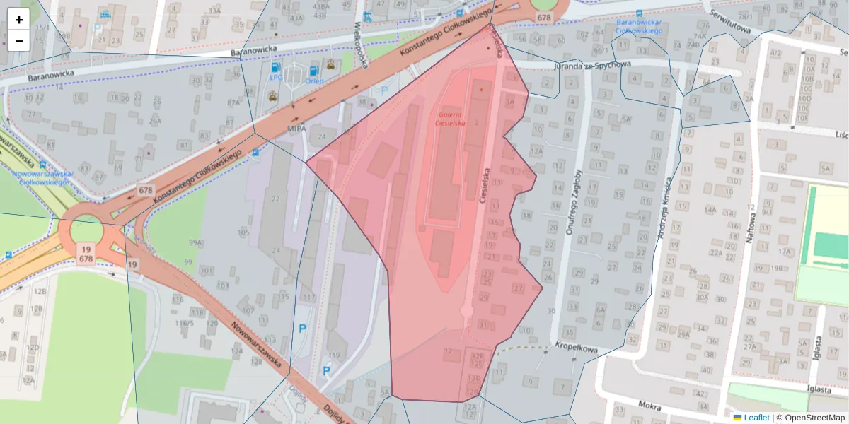 Szczegółowa mapa kodu pocztowego 15-542 z granicami, sąsiednimi kodami pocztowymi i urzędami pocztowymi