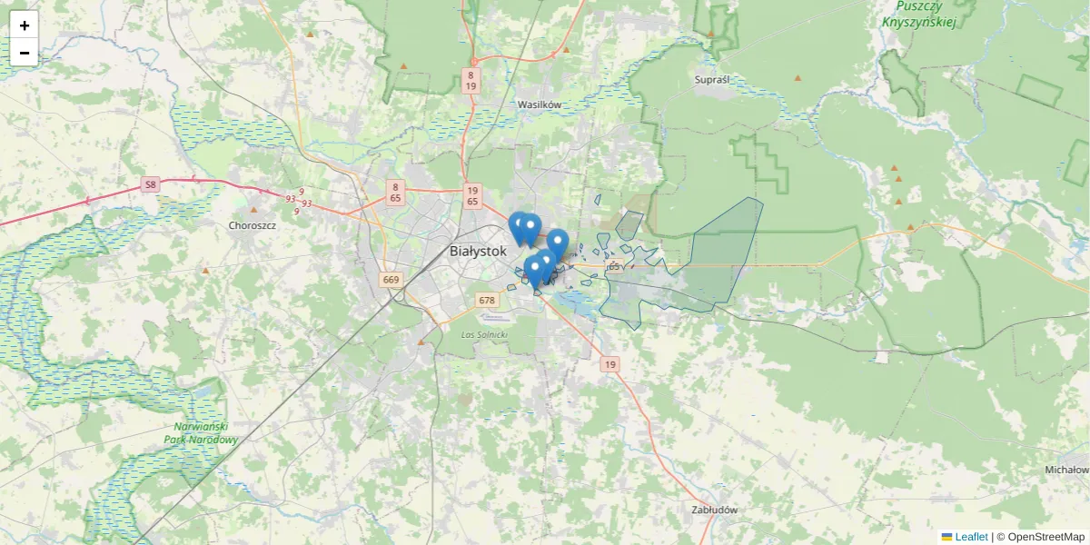 Szczegółowa mapa kodu pocztowego 15-544 z granicami, sąsiednimi kodami pocztowymi i urzędami pocztowymi