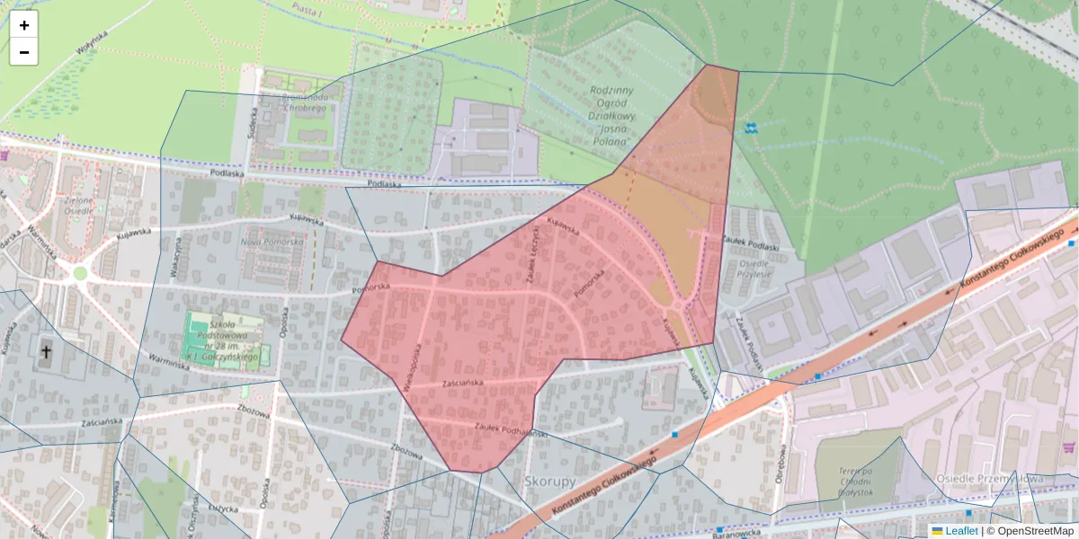 Szczegółowa mapa kodu pocztowego 15-546 z granicami, sąsiednimi kodami pocztowymi i urzędami pocztowymi