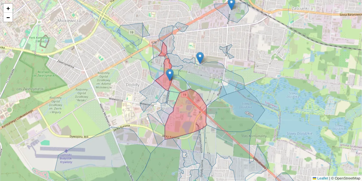 Szczegółowa mapa kodu pocztowego 15-555 z granicami, sąsiednimi kodami pocztowymi i urzędami pocztowymi