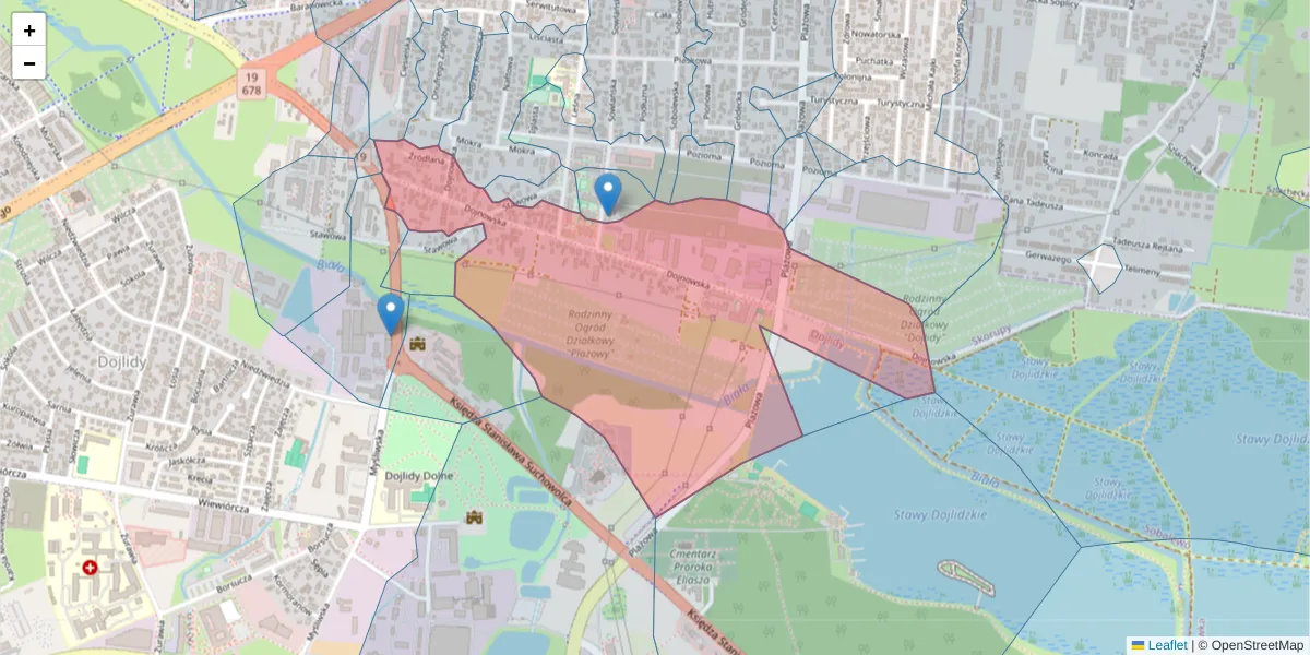 Szczegółowa mapa kodu pocztowego 15-557 z granicami, sąsiednimi kodami pocztowymi i urzędami pocztowymi