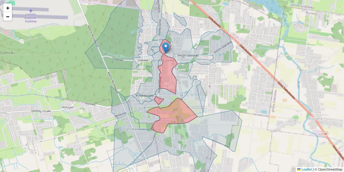 Szczegółowa mapa kodu pocztowego 15-581 z granicami, sąsiednimi kodami pocztowymi i urzędami pocztowymi