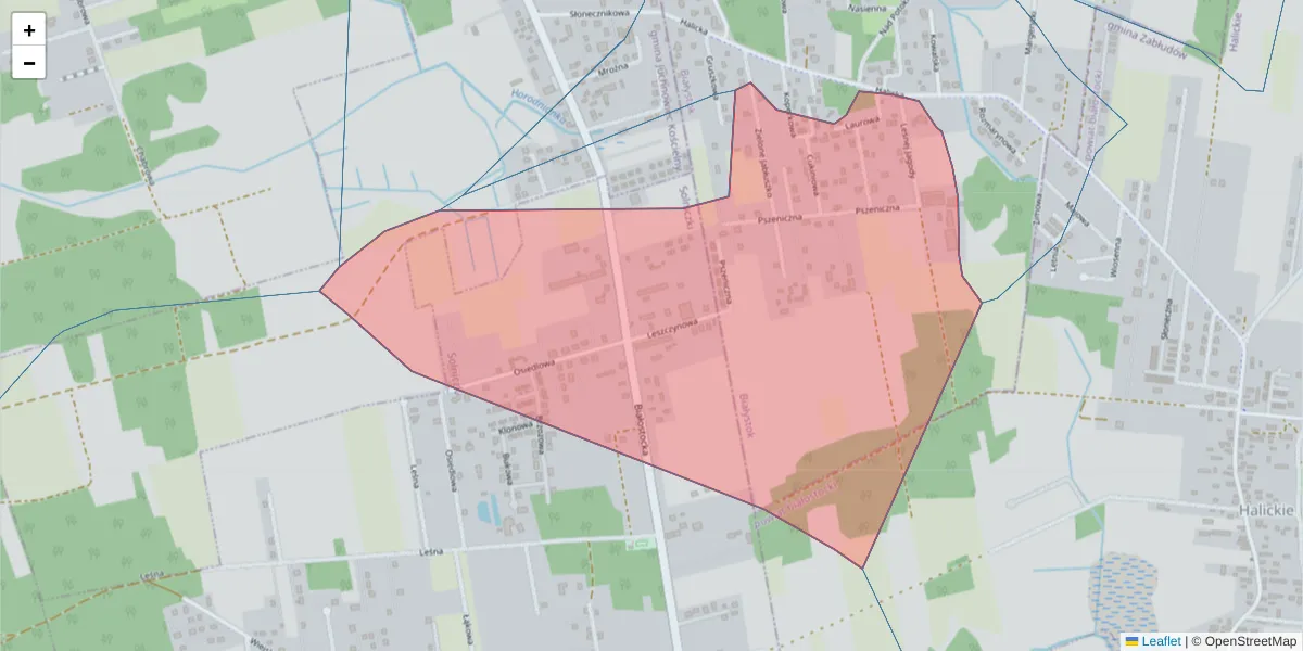 Szczegółowa mapa kodu pocztowego 15-597 z granicami, sąsiednimi kodami pocztowymi i urzędami pocztowymi