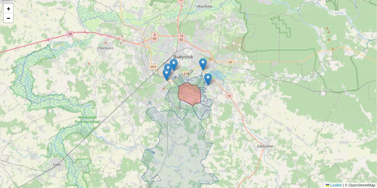 Szczegółowa mapa kodu pocztowego 15-603 z granicami, sąsiednimi kodami pocztowymi i urzędami pocztowymi