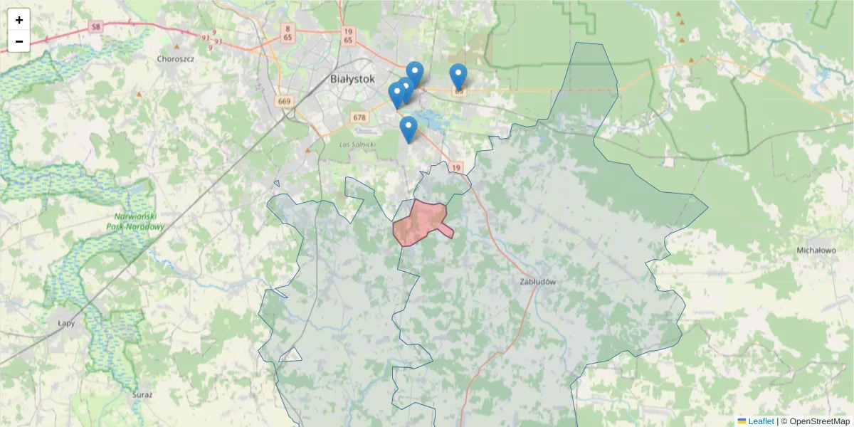 Szczegółowa mapa kodu pocztowego 15-606 z granicami, sąsiednimi kodami pocztowymi i urzędami pocztowymi