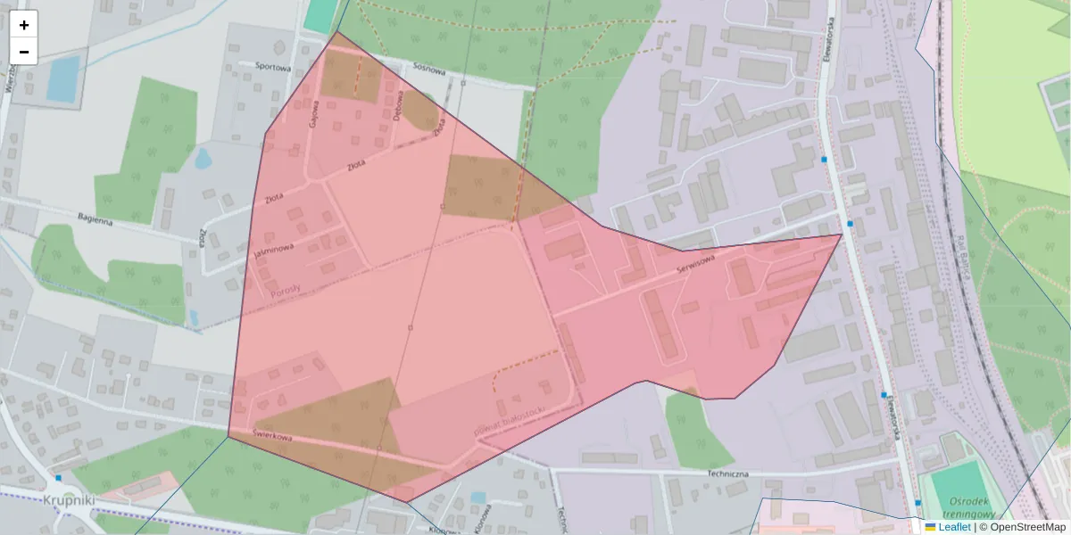 Szczegółowa mapa kodu pocztowego 15-621 z granicami, sąsiednimi kodami pocztowymi i urzędami pocztowymi