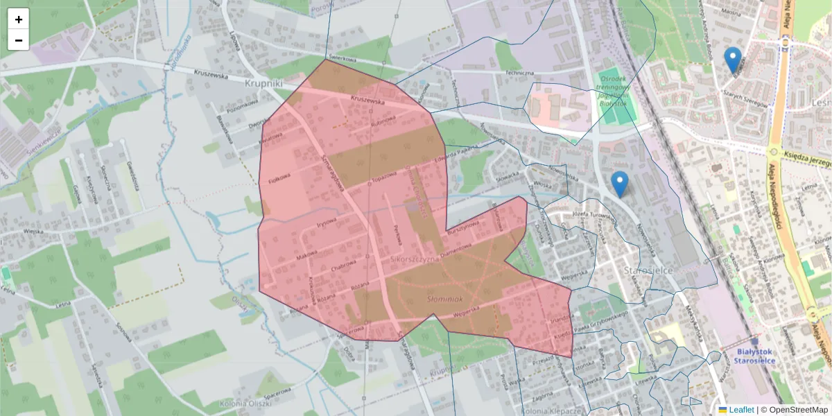 Szczegółowa mapa kodu pocztowego 15-623 z granicami, sąsiednimi kodami pocztowymi i urzędami pocztowymi
