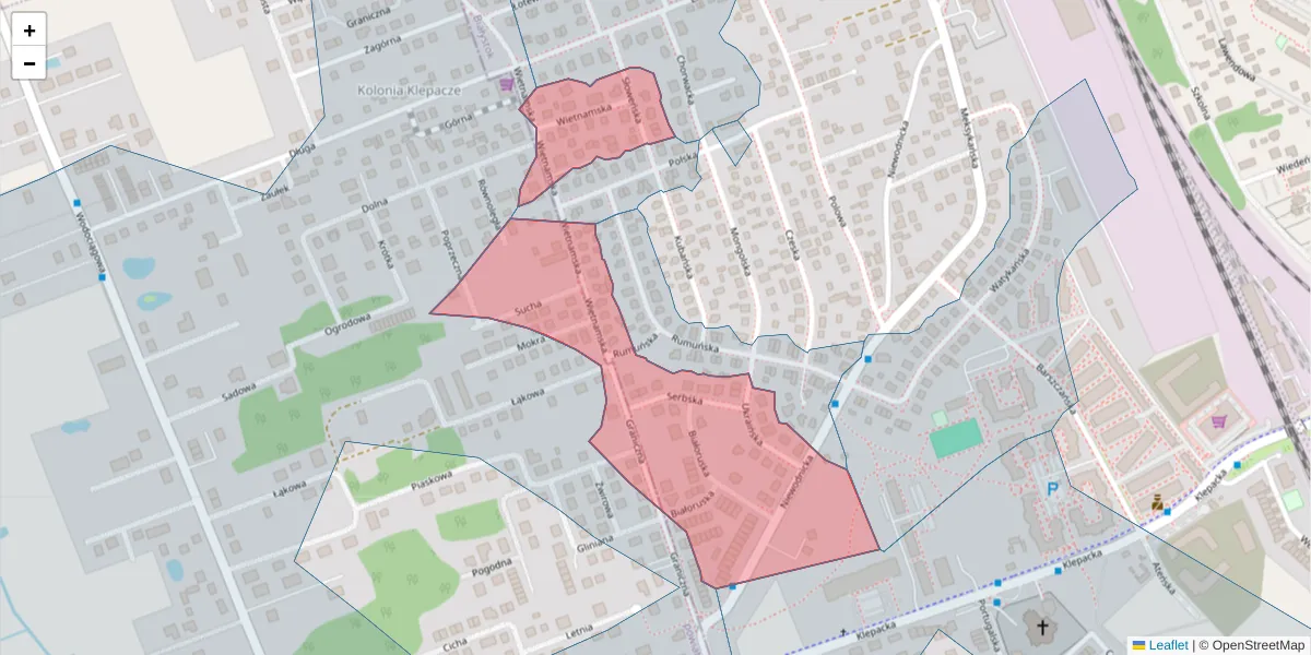 Szczegółowa mapa kodu pocztowego 15-628 z granicami, sąsiednimi kodami pocztowymi i urzędami pocztowymi
