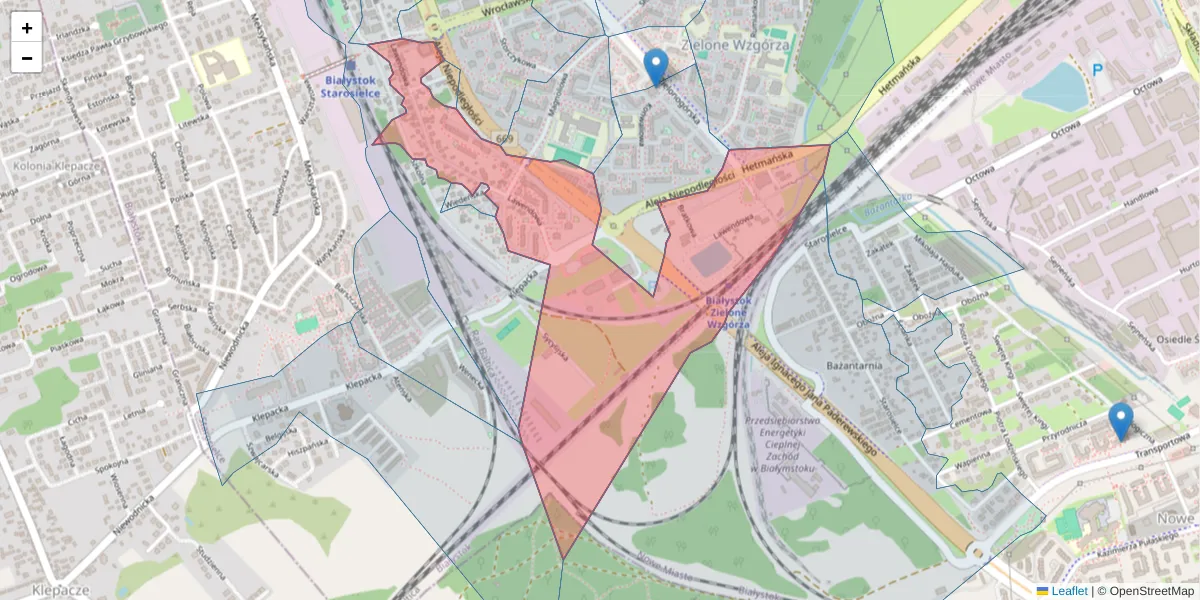 Szczegółowa mapa kodu pocztowego 15-642 z granicami, sąsiednimi kodami pocztowymi i urzędami pocztowymi