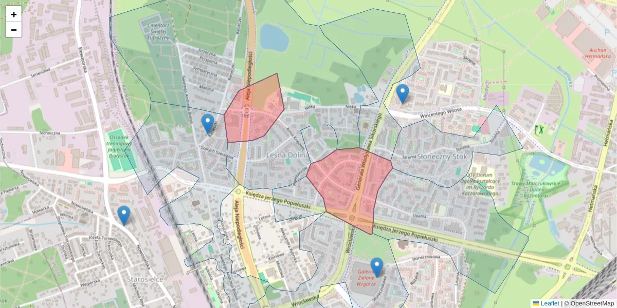 Szczegółowa mapa kodu pocztowego 15-661 z granicami, sąsiednimi kodami pocztowymi i urzędami pocztowymi