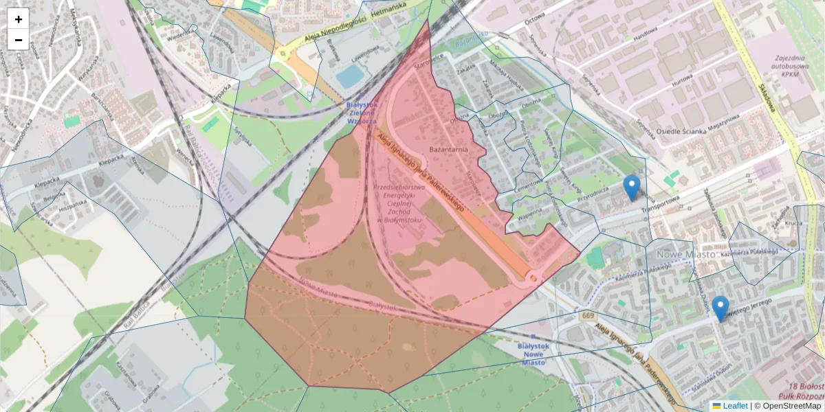 Szczegółowa mapa kodu pocztowego 15-670 z granicami, sąsiednimi kodami pocztowymi i urzędami pocztowymi
