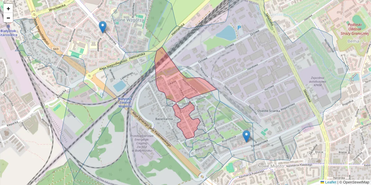 Szczegółowa mapa kodu pocztowego 15-671 z granicami, sąsiednimi kodami pocztowymi i urzędami pocztowymi