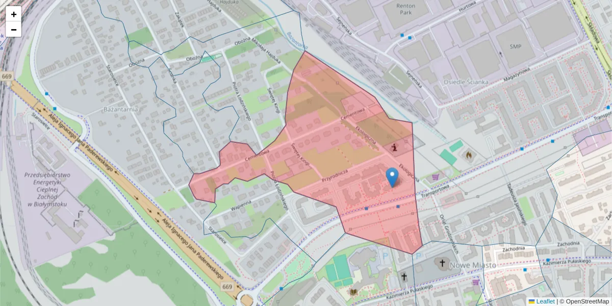 Szczegółowa mapa kodu pocztowego 15-673 z granicami, sąsiednimi kodami pocztowymi i urzędami pocztowymi