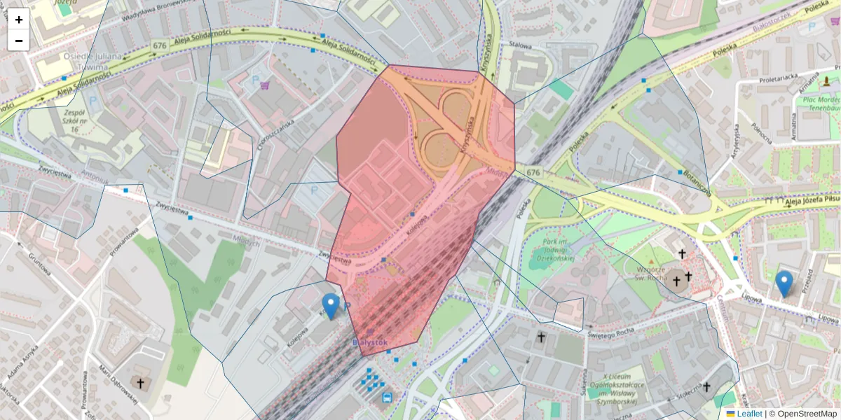 Szczegółowa mapa kodu pocztowego 15-701 z granicami, sąsiednimi kodami pocztowymi i urzędami pocztowymi