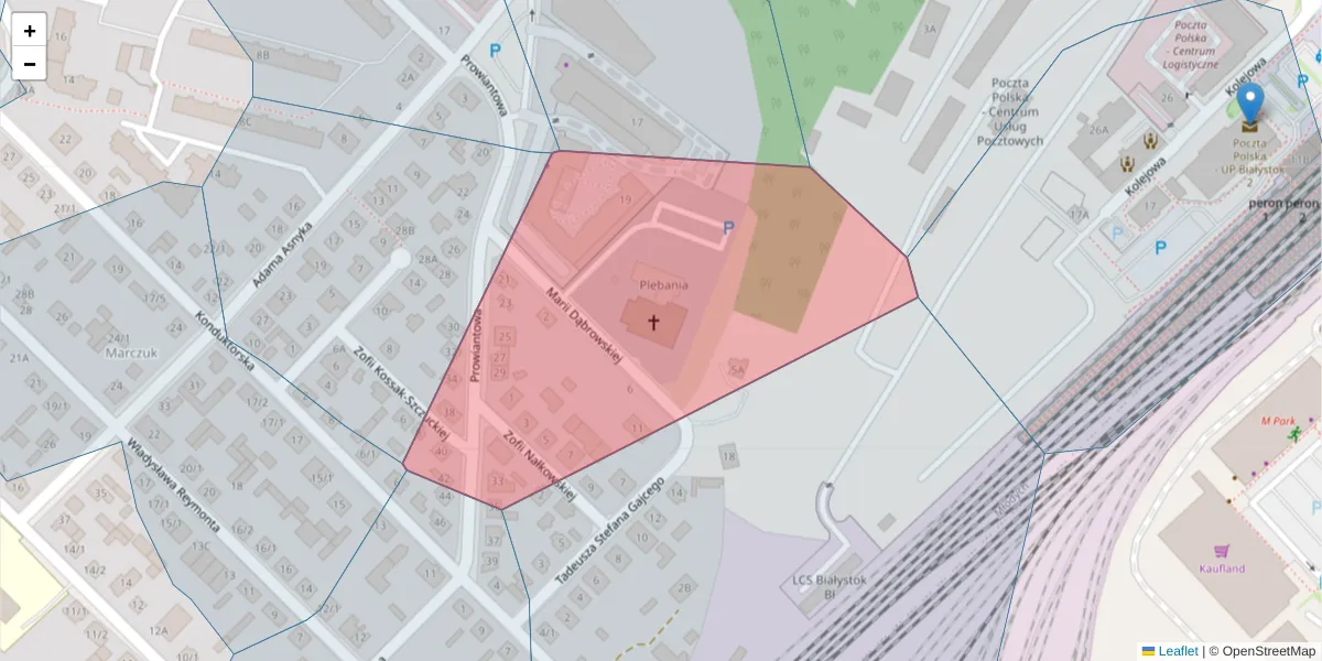 Szczegółowa mapa kodu pocztowego 15-702 z granicami, sąsiednimi kodami pocztowymi i urzędami pocztowymi