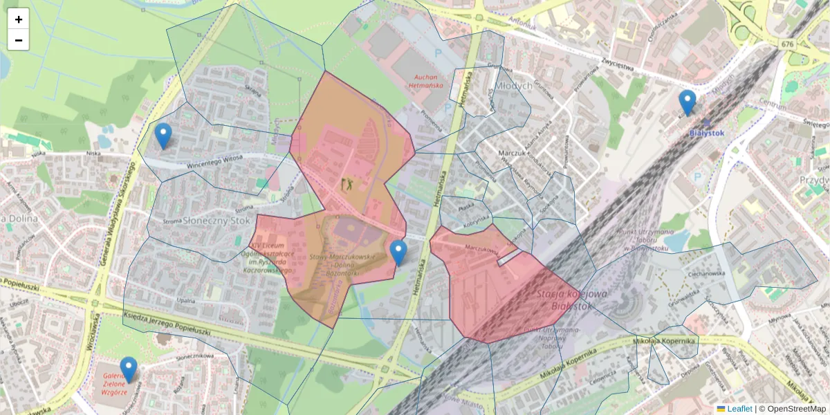 Szczegółowa mapa kodu pocztowego 15-724 z granicami, sąsiednimi kodami pocztowymi i urzędami pocztowymi