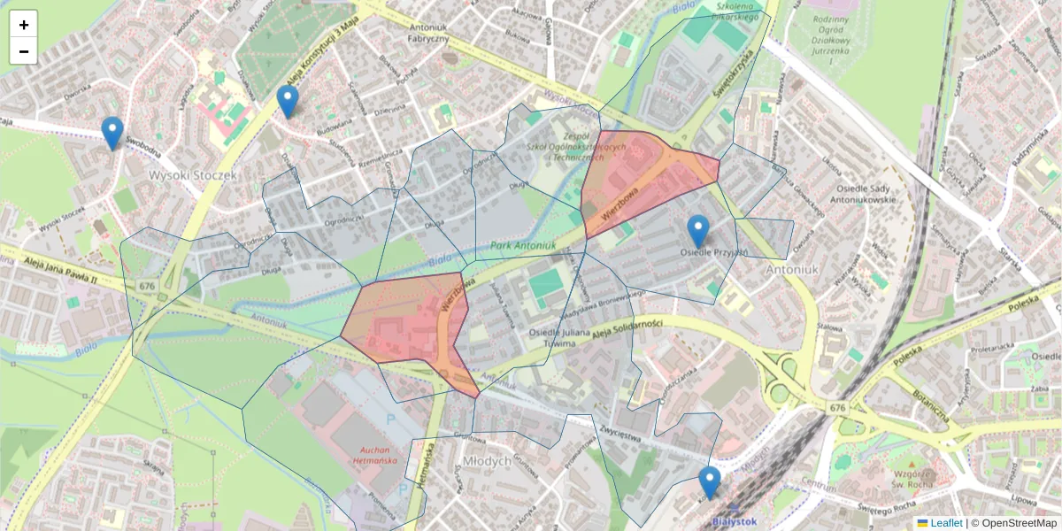 Szczegółowa mapa kodu pocztowego 15-743 z granicami, sąsiednimi kodami pocztowymi i urzędami pocztowymi
