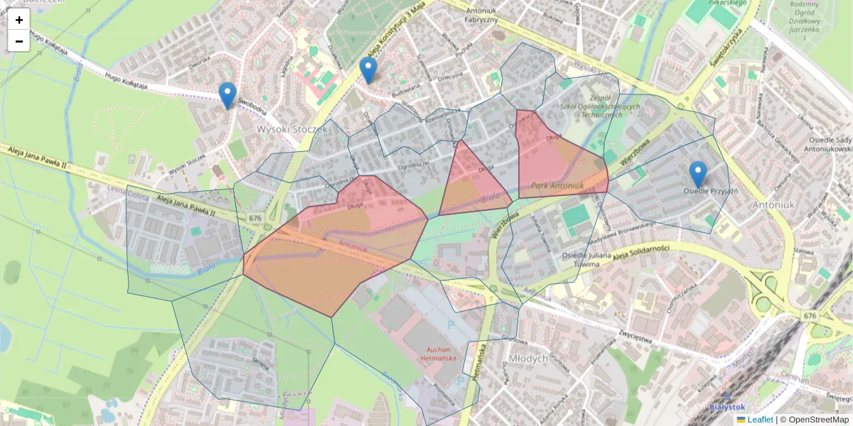 Szczegółowa mapa kodu pocztowego 15-765 z granicami, sąsiednimi kodami pocztowymi i urzędami pocztowymi