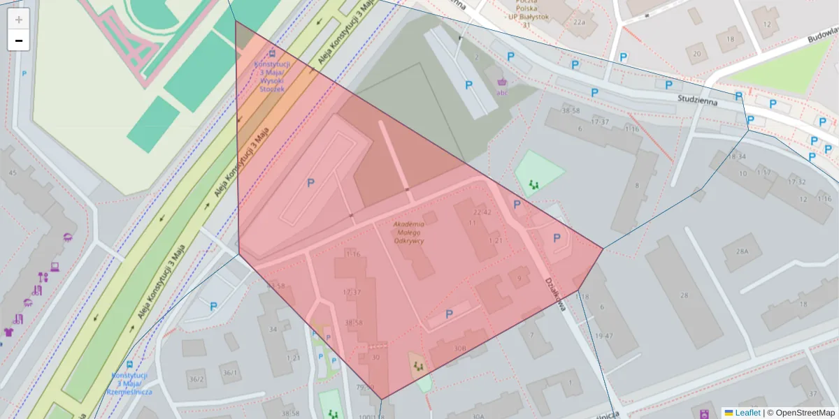 Szczegółowa mapa kodu pocztowego 15-777 z granicami, sąsiednimi kodami pocztowymi i urzędami pocztowymi