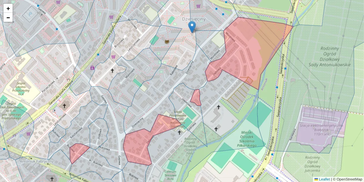 Szczegółowa mapa kodu pocztowego 15-801 z granicami, sąsiednimi kodami pocztowymi i urzędami pocztowymi