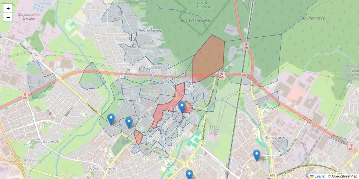Szczegółowa mapa kodu pocztowego 15-814 z granicami, sąsiednimi kodami pocztowymi i urzędami pocztowymi