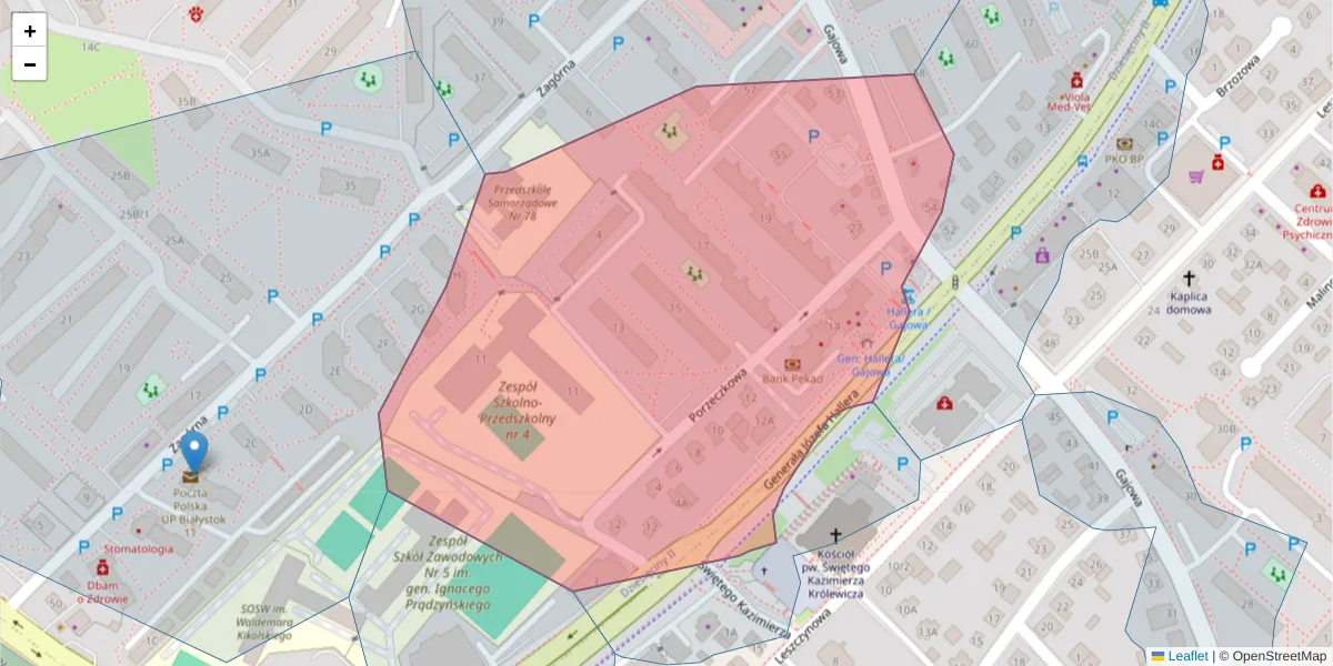 Szczegółowa mapa kodu pocztowego 15-815 z granicami, sąsiednimi kodami pocztowymi i urzędami pocztowymi