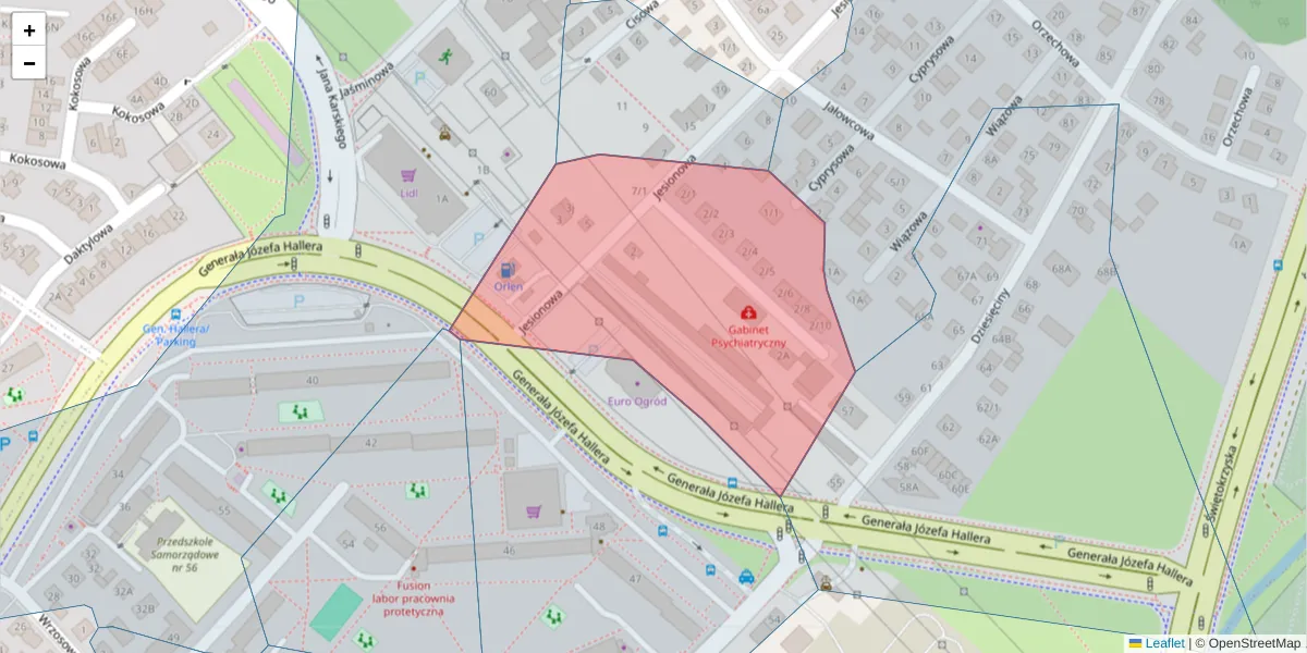 Szczegółowa mapa kodu pocztowego 15-818 z granicami, sąsiednimi kodami pocztowymi i urzędami pocztowymi
