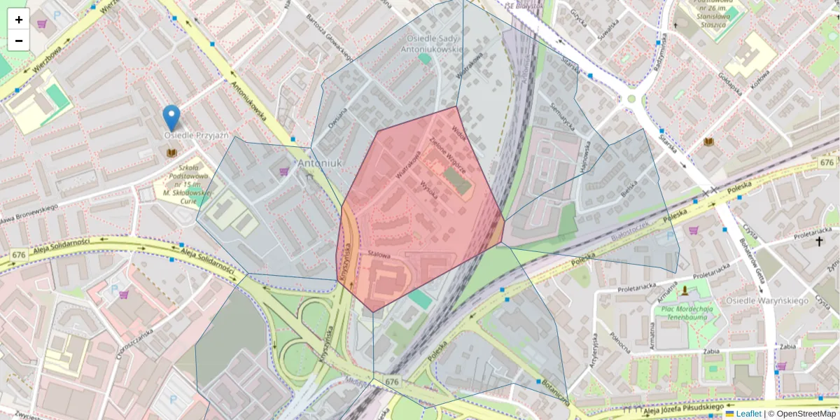 Szczegółowa mapa kodu pocztowego 15-827 z granicami, sąsiednimi kodami pocztowymi i urzędami pocztowymi