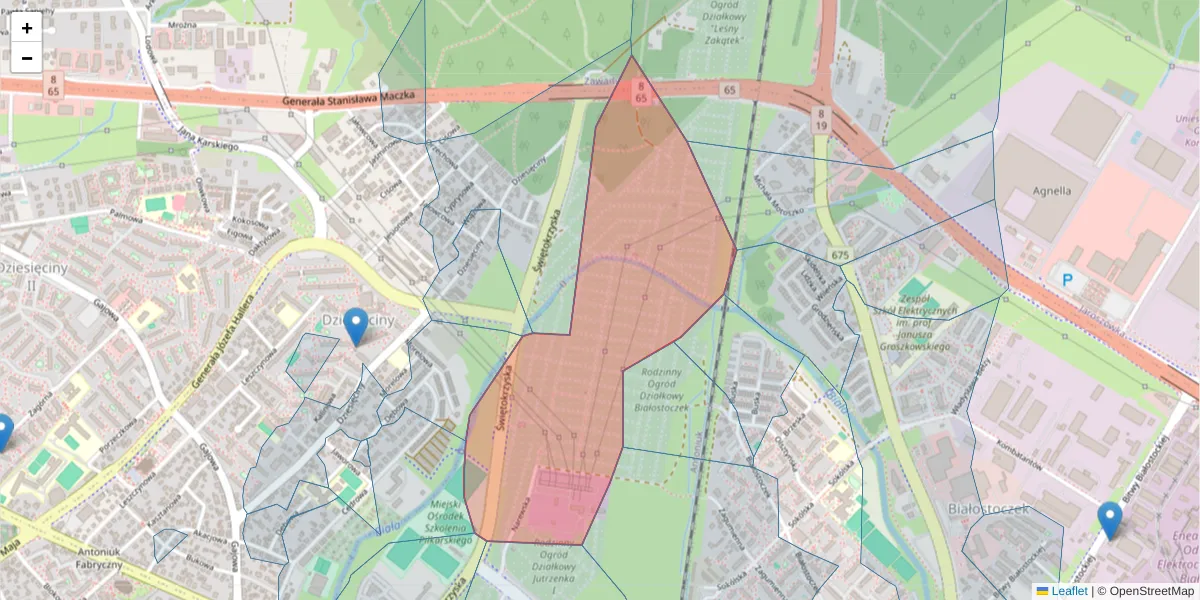 Szczegółowa mapa kodu pocztowego 15-843 z granicami, sąsiednimi kodami pocztowymi i urzędami pocztowymi