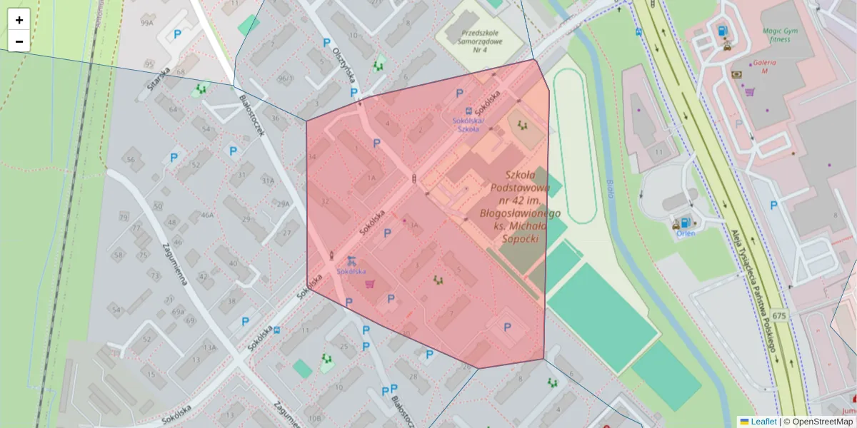 Szczegółowa mapa kodu pocztowego 15-865 z granicami, sąsiednimi kodami pocztowymi i urzędami pocztowymi