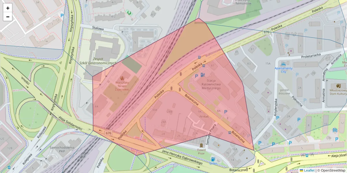 Szczegółowa mapa kodu pocztowego 15-874 z granicami, sąsiednimi kodami pocztowymi i urzędami pocztowymi