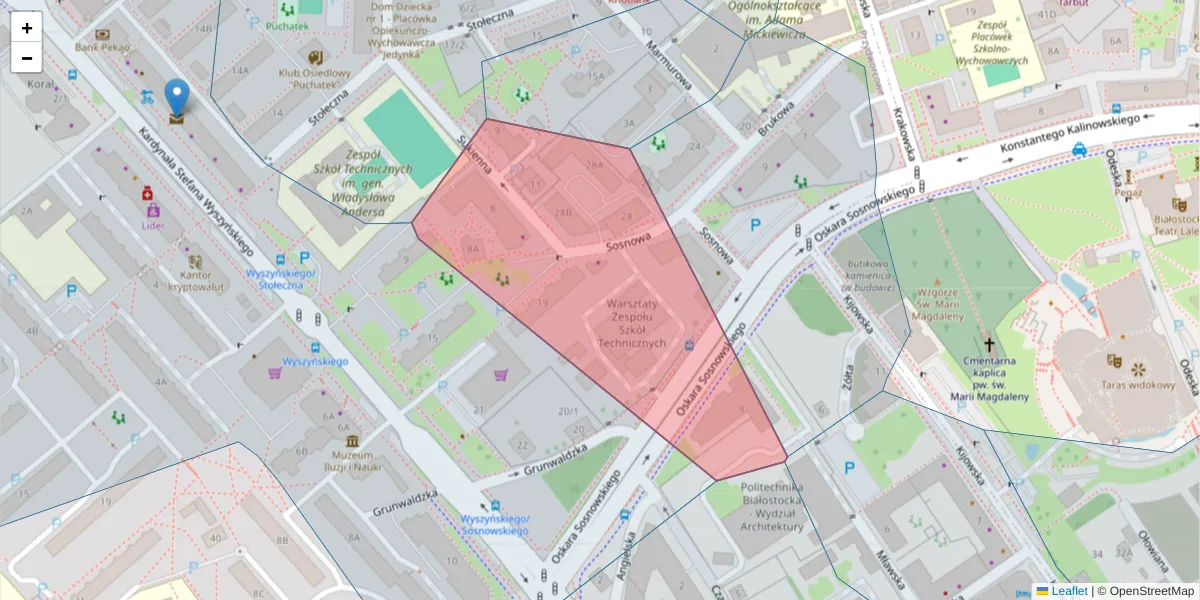 Szczegółowa mapa kodu pocztowego 15-887 z granicami, sąsiednimi kodami pocztowymi i urzędami pocztowymi
