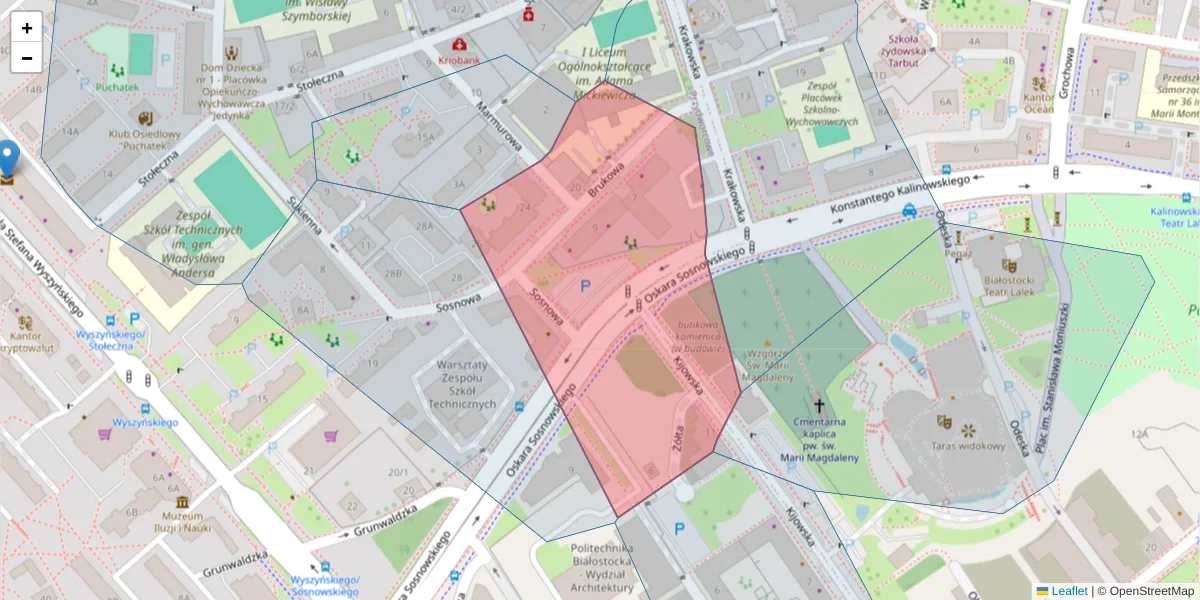 Szczegółowa mapa kodu pocztowego 15-889 z granicami, sąsiednimi kodami pocztowymi i urzędami pocztowymi