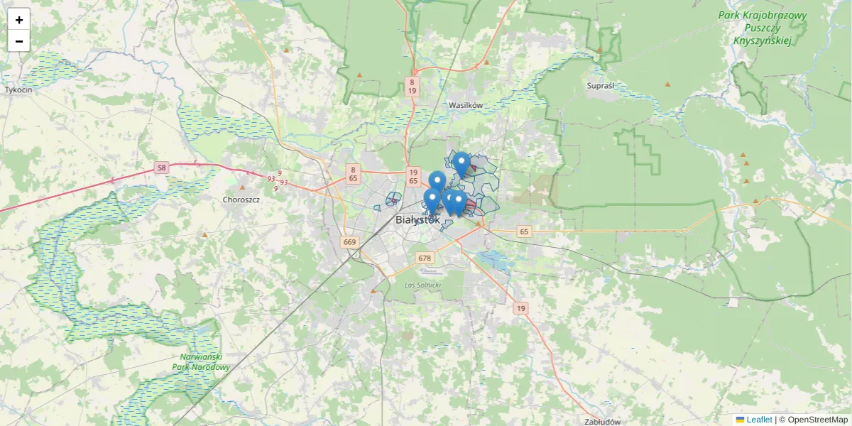 Szczegółowa mapa kodu pocztowego 15-950 z granicami, sąsiednimi kodami pocztowymi i urzędami pocztowymi