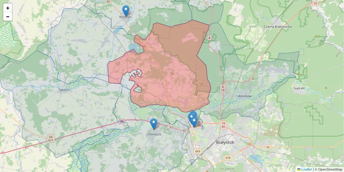 Szczegółowa mapa kodu pocztowego 16-002 z granicami, sąsiednimi kodami pocztowymi i urzędami pocztowymi